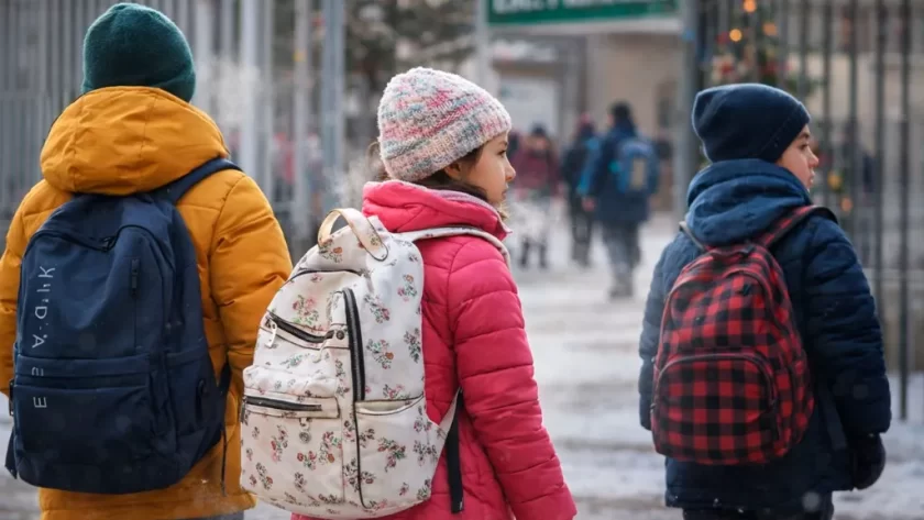 Alumnos regresan a clases muy abrigados ante las bajas temperaturas